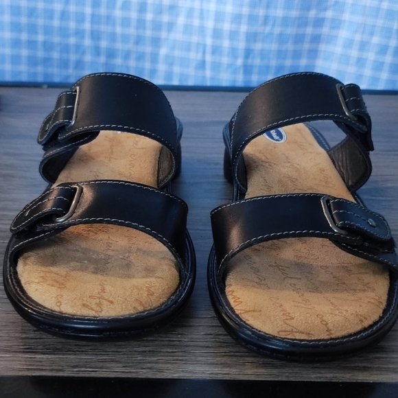 Dr. Scholl's Betcha sandal  black leather top tan bottom women's size 5 - Picture 2 of 12